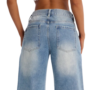 Jean en denim déchiré bleu clair pour femme, coupe large, taille mi-haute, respirant, décontracté, ample, pantalon tendance automne, longueur complète - Product Image 4