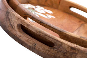 Plateau rond en bois avec motif imprimé de fleurs Plateau de service en bois fait main avec poignée Plateau de cuisine décoratif en bois massif - Product Image 4