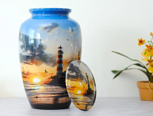 Metal Cremation Urn Adult <b>Ash</b> Memorial Vessel Custom Painted Lighthouse Sunset <b>Keepsake</b> Container - Product Image 1
