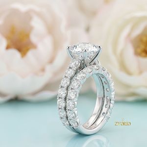Custom 925 <b>Sterling</b> <b>Silver</b> Round Cut VVS1 Moissanite Engagement <b>Ring</b> 2 Piece Bridal Wedding <b>Set</b> with Eternity Band - Product Image 2