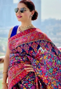 Sari en soie pure et coton Kanjivaram KV, tissé traditionnellement, à blocs de couleurs, pour les fêtes (Bleu) - Product Image 2