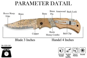 Couteau pliant de poche artisanal en acier Damas avec manche en bois, lame à pointe clip, personnalisable OEM, qualité industrielle, pour l'extérieur - Product Image 2