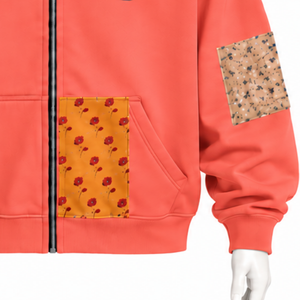 Sudadera con capucha y cremallera completa de patchwork de tapicería coralina, oversize, con estampado de parches, estilo casual streetwear, unisex - Product Image 6