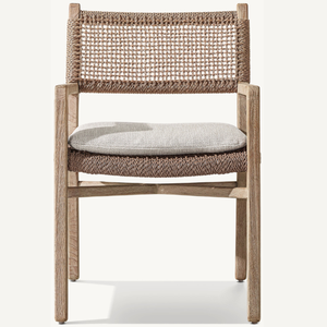 Une chaise longue en teck de style moderne avec de jolis accents en rotin et des coussins doux et confortables. - Product Image 1