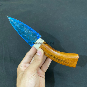 Dague décorative artisanale en verre bleu avec manche en bois, réplique de couteau en verre pour la décoration et l'exposition à la maison - Product Image 5