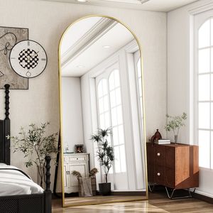 Specchio a Figura Intera con Cornice ad Arco 193 x 86 cm, Telaio in Metallo Dorato, Vetro Infrangibile, Design Moderno Autoportante - Product Image 1