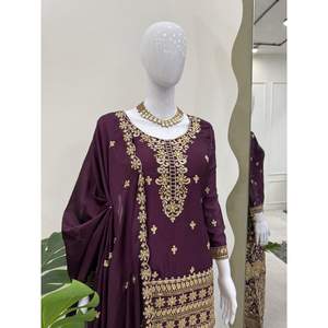 Diseñador Chinon hilo de seda y secuencia de trabajo Top Palazzo con Dupatta Party Wear Ropa Étnica precio al por mayor - Product Image 4