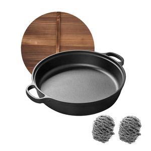 WANGYUANJI Wok de hierro fundido de 9.8 pulgadas con doble asa, sin recubrimiento, sartén para gas e inducción, sartén china engrosada para tortitas, tapa de madera - Product Image 1