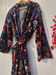 Bata de terciopelo de lujo india para mujer, estilo kimono, para el desayuno, abrigo largo de verano - Product Image 5