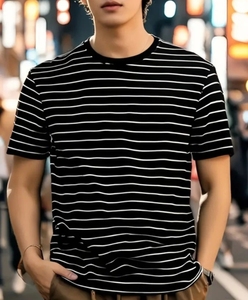 เสื้อยืดคอกลมแขนสั้นผู้ชาย ลายทางขาวดำ ผ้าฝ้ายถัก 100% ระบายอากาศได้ดี สไตล์ลำลอง สตรีทแวร์ ทรงปกติ ไซส์ XXS-6XL น้ำหนัก 180 กรัม - Product Image 5
