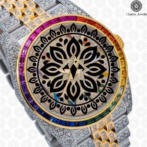 Montre de luxe pour homme Charm_Jewells en acier inoxydable, 40 mm, lunette sertie de diamants arc-en-ciel, analogique, mécanique, boîtier carré, étanche 10 bars - Product Image 1
