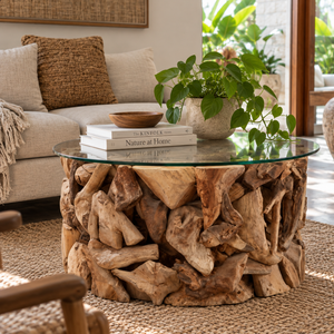 ARTERRA Luxury Handmade Durable & Easy to Clean Round Teak Wood <b>Root</b> <b>Table</b> Glass Top Cluster Rustic <b>Coffee</b> <b>Table</b> for Living Room - Product Image 2