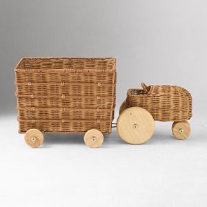 Delicate Rattan Wagon <b>Storage</b> <b>Basket</b> Decorative Pull Cart Wicker <b>Toy</b> Organizer Rolling <b>Basket</b> For Kids Room Nursery Home Display - Product Image 2