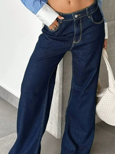 Jeans Anchos de Cintura Alta para Mujer, Azul Oscuro, Estilo Retro, Casual, Verano, Ecológicos, para Uso Diario, Oficina - Product Image 4