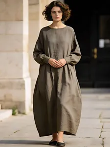 Robe maxi en coton jaune moutarde à manches longues, coupe ample, style bohème décontracté pour femmes avec poches - Product Image 3