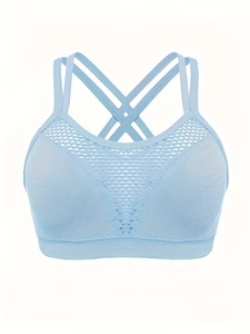 Sleek Hollow Out Athletic <b>Crop</b> <b>Top</b> Non Wired Comfort Gym Brassiere Double Crisscross Strap Back Stretch Training Wear - Product Image 2