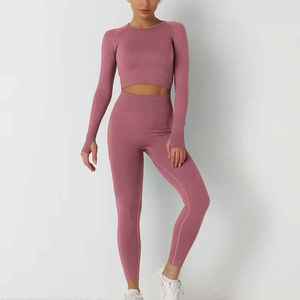 Women Seamless <b>Long</b> Sleeve Crop <b>Top</b> High Waist <b>Leggings</b> 2 Piece Yoga Fitness Set Solid Black - Product Image 4