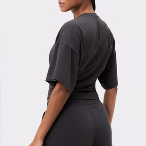 Haut court d'été pour femme, couleur unie, à carreaux, col rond, manches courtes, épaules tombantes, tricoté, coupe classique, décontracté, écologique - Product Image 5