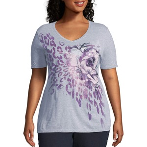 Camiseta de Cuello en V para Mujer, Tallas Grandes, Personalizada al por Mayor, Estampado Floral, Manga Corta, Informal, Gris, Algodón Jersey, Corte Regular - Product Image 1