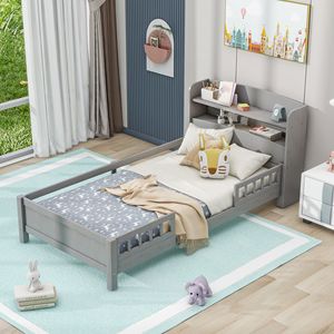 Letto a piattaforma in legno grigio antico per bambini, con luci LED integrate, testiera contenitore e sponda di protezione - Product Image 1