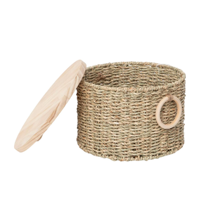 Handwoven Seagrass Storage Basket with Wooden Lid & Handles for Organization, Home, Closet, <b>Desktop</b> & <b>Shelves</b> - Product Image 1