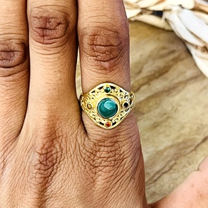 Hot Selling Malachite <b>Rings</b> Boho Brass Jewelry for Women 18k Gold Plated Antique Filigree <b>Statement</b> <b>Ring</b> For Wholesale/OEM/ODM - Product Image 2