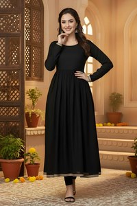 Ensemble Kurti et pantalon noir uni style robe trapèze pour occasions festives, sans dupatta, pour grossistes et détaillants - Product Image 4