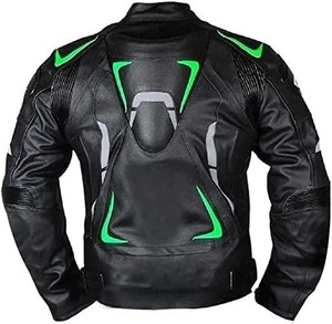 Blouson de moto en cuir durable, imperméable et blindé, unisexe, été/hiver, vert/noir, protections CE, personnalisable - Product Image 1