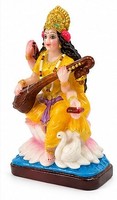 Resin Hindu Goddess Figure Yellow Seated String Instrument Lotus Base Swan Home Decor Traditional Handmade Sculpture for Living