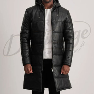 Manteau long matelassé en cuir véritable noir pour homme, veste d'hiver chaude à capuche, parka en peau de mouton résistante pour homme - Product Image 1