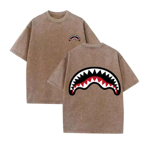 เสื้อยืดคอกลมทรงหลวม ยูนิเซ็กซ์ ผ้าฝ้ายถัก 100% ลุคทำเก่า ดีไซน์ปากฉลาม สไตล์สตรีทแวร์สำหรับผู้ชาย - Product Image 5