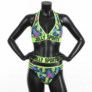 ชุดบิกินี่ผู้หญิง ผ้าโพลีเอสเตอร์ผสมสแปนเด็กซ์ 180 GSM ยืดได้ สีเขียวนีออน พิมพ์ลายหลากสี พร้อมแถบโลโก้แบบกำหนดเอง - Product Image 6