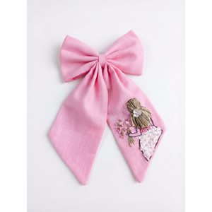 Girls Handmade Pink Hair <b>Bow</b> <b>Clip</b> Embroidered Fabric Ribbon <b>Bow</b> Hair Accessory Cute Kids Casual Fashion 10" Size Gift Item Trend - Product Image 1
