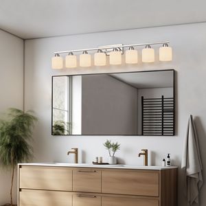 Lampada da Bagno Moderna a 8 Luci, 52 Pollici, in Nichel con Paralume in Vetro Bianco Latte, Illuminazione a Parete per Specchio - Product Image 4