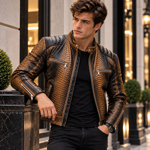 Chaqueta de Motociclista para Hombre, de Cuero Genuino con Estampado de Serpiente Negra y Amarilla, Cuello Alto, Transpirable, para Invierno - Product Image 4