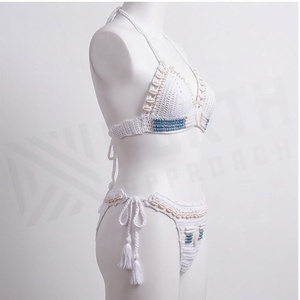 White <b>Crocheted</b> Bikini <b>Set</b> With Beading And Tassel Details Halter Neck <b>Two</b> <b>Piece</b> Swimwear For Women - Product Image 3