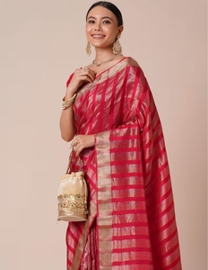 KV Women's Silk Blend <b>Red</b> Stripes Woven Designer <b>Saree</b> With Unstitched - Product Image 1