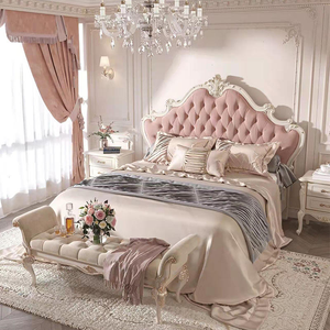 French European Elegant Pink Chesterfield Style Solid Mahogany Hand Carved King Size Bedroom Set for Hotel and Villa Use - Product Image 1
