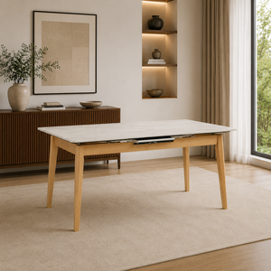 Mesa de Comedor Extensible Contemporánea para 4-6 Personas con Tablero de Mármol Laminado de Alta Presión y Patas de Madera Sólida Resistente para el Hogar - Product Image 1