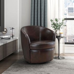 Poltrona di Lusso con Schienale a Botte in Legno Massello e Rivestimento in Pelle Pieno Fiore Bronzata, Design Girevole, Arredamento per Soggiorno - Product Image 1