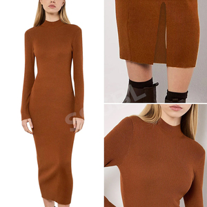 Minivestido de punto para mujer, color liso, ajustado, venta al por mayor, directo de fábrica, largo hasta la rodilla, manga larga, OEM, personalizado, MOQ bajo - Product Image 1