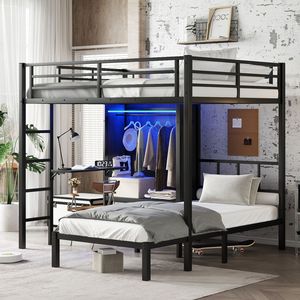 Letto a Castello in Metallo Nero Full XL su Misura con Scrivania Pieghevole e Armadio con LED, Salvaspazio e Silenzioso per Bambini - Product Image 1