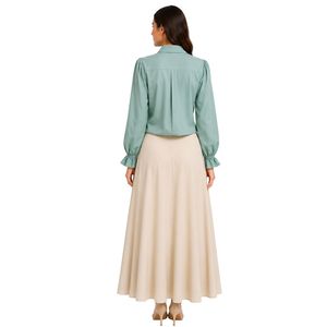 Ensemble chemisier et jupe longue brodés vert menthe et beige pour femme, manches longues, boutonnage, taille haute, tenue modeste deux pièces - Product Image 2