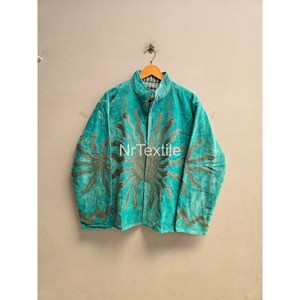 Turquoise Velvet Blouson Jacket Mandarin Collar Full Sleeve Hand Embroidered Sun Pattern Autumn Women's <b>Coat</b> - Product Image 1