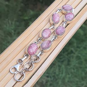 Pulsera de Rodocrosita Rosa para Hombre Hecha a Mano, Joyería de Plata de Ley 925, Cadena de Eslabones, Forma Ovalada, Pulseras de Piedras Preciosas con Diamantes - Product Image 2