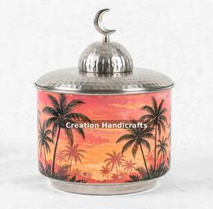 Luxury Sunset Palm Tree Printed Metal Chocolate Dessert Dates <b>Box</b> Jar Container with Crescent Moon Lid for <b>Ramadan</b> Decor <b>Gift</b> - Product Image 3