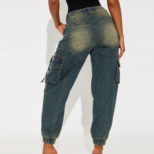 Womens Cargo Jogger <b>Jeans</b> Breathable Eco-Friendly Vintage Wash <b>Elastic</b> Cuff Denim Pants Multi-Pocket Streetwear Baggy - Product Image 2
