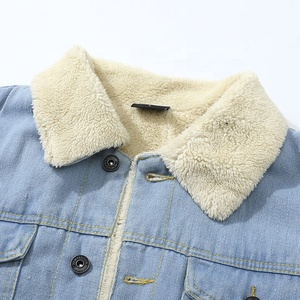 Trendy Light Wash Distressed Denim <b>Jacket</b> Cream <b>Shearling</b> Collar Ripped Casual Winter Coat Snap Button Custom Wholesale Supplier - Product Image 3