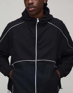 Men's Black Hooded <b>Track</b> <b>Jacket</b> With White Trim Sporty Style Breathable Polyester Summer Outerwear Set - Product Image 4