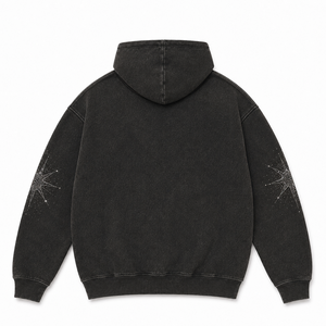 Sweat à capuche oversize noir délavé à l'acide avec strass, unisexe, streetwear, en coton, imprimé graphique vieilli, personnalisé, haut d'hiver - Product Image 2